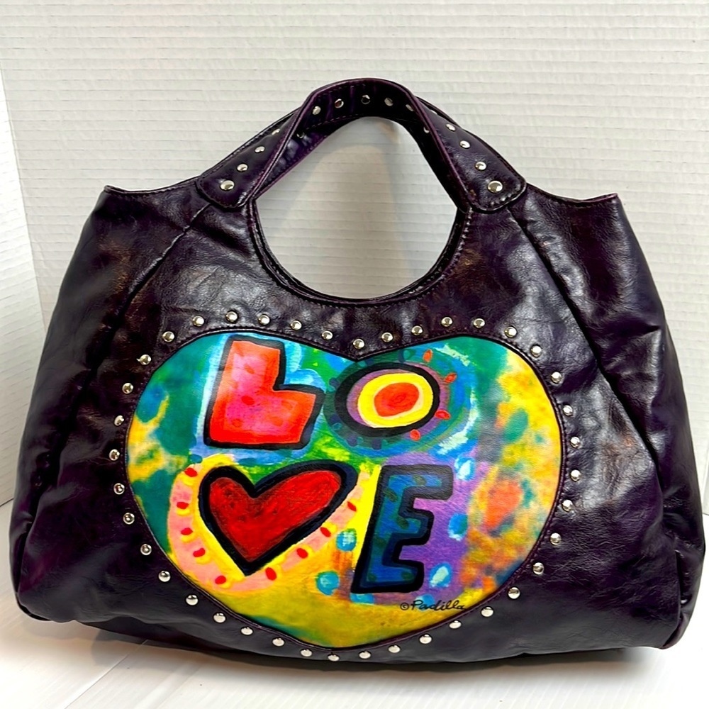 Susan Nichole Purple Hobo Bag with Colorful Love Design